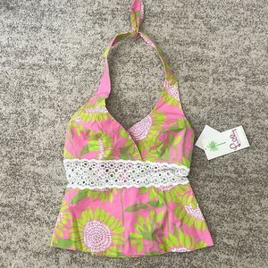 Lilly Pulitzer Pink & Green Floral Halter Tank with White Lace